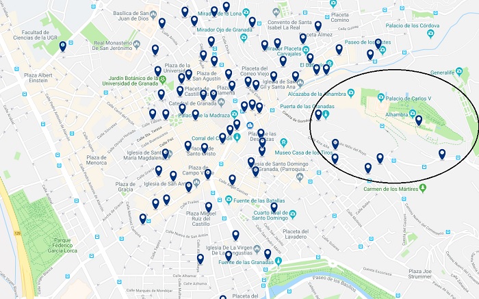 mapa de granada con hoteles
